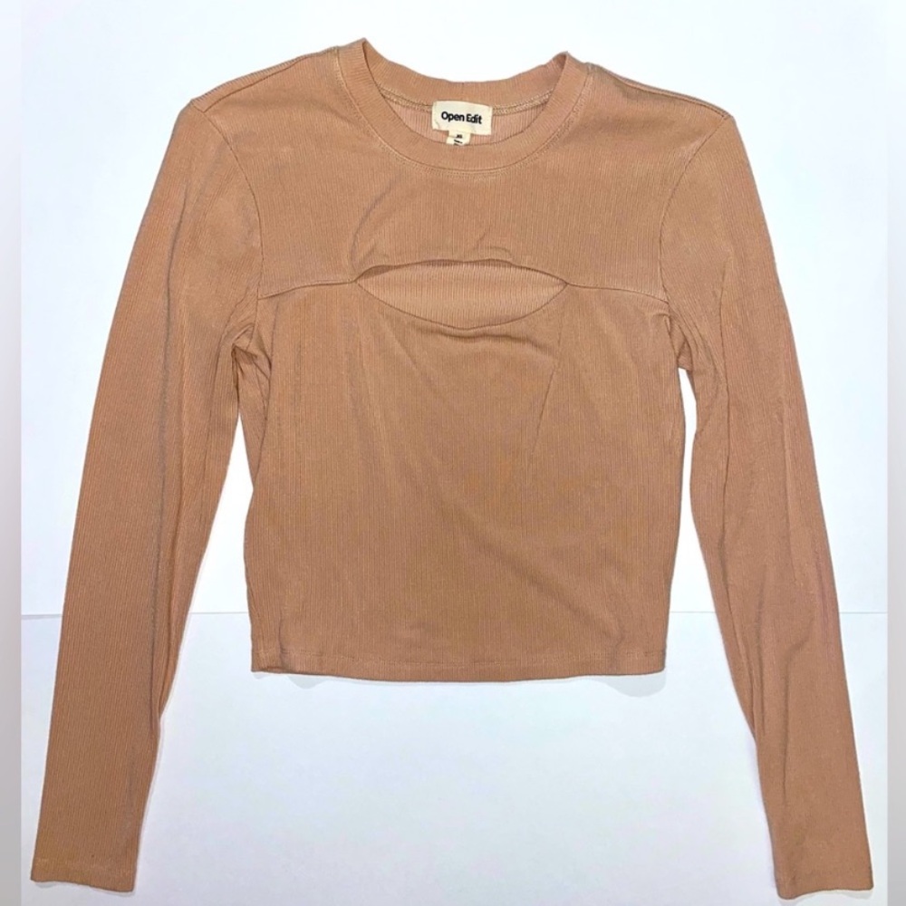 Open Edit Long Sleeve Coffee Brown Taupe Nude Tan Top Cutout Keyhole Extra Small